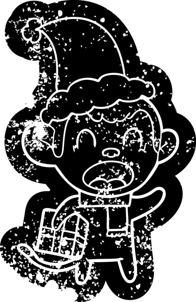 shouting cartoon distressed icon of a monkey carrying christmas gift wearing santa hat vector