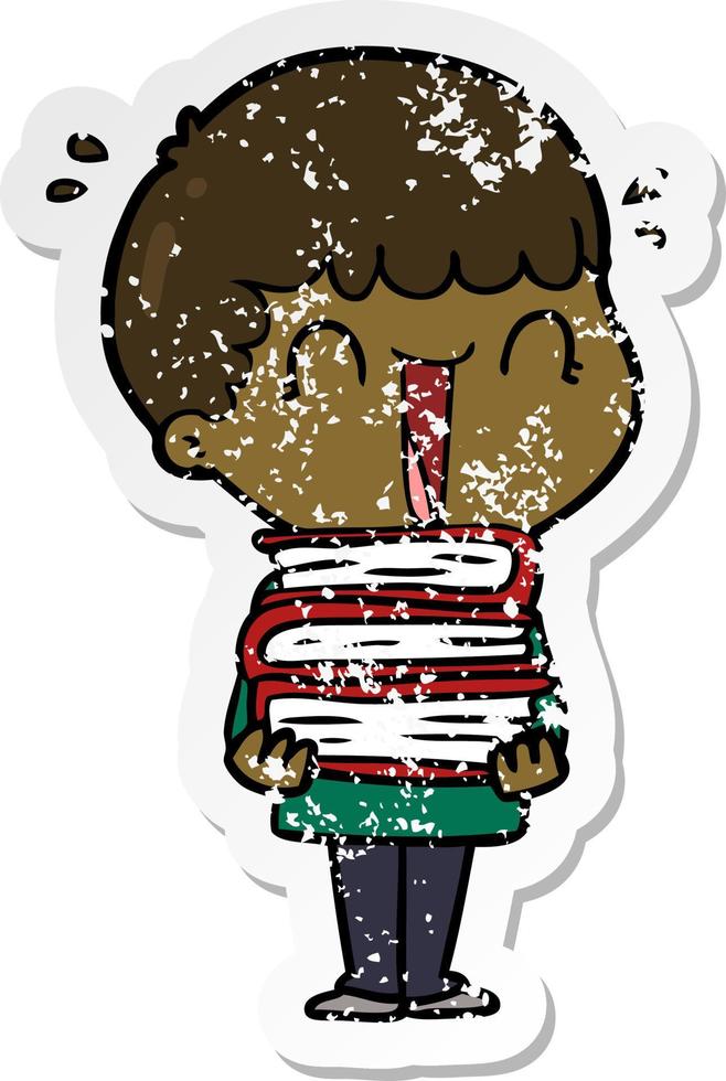 distressed sticker of a laughing cartoon man holding stack of books vector