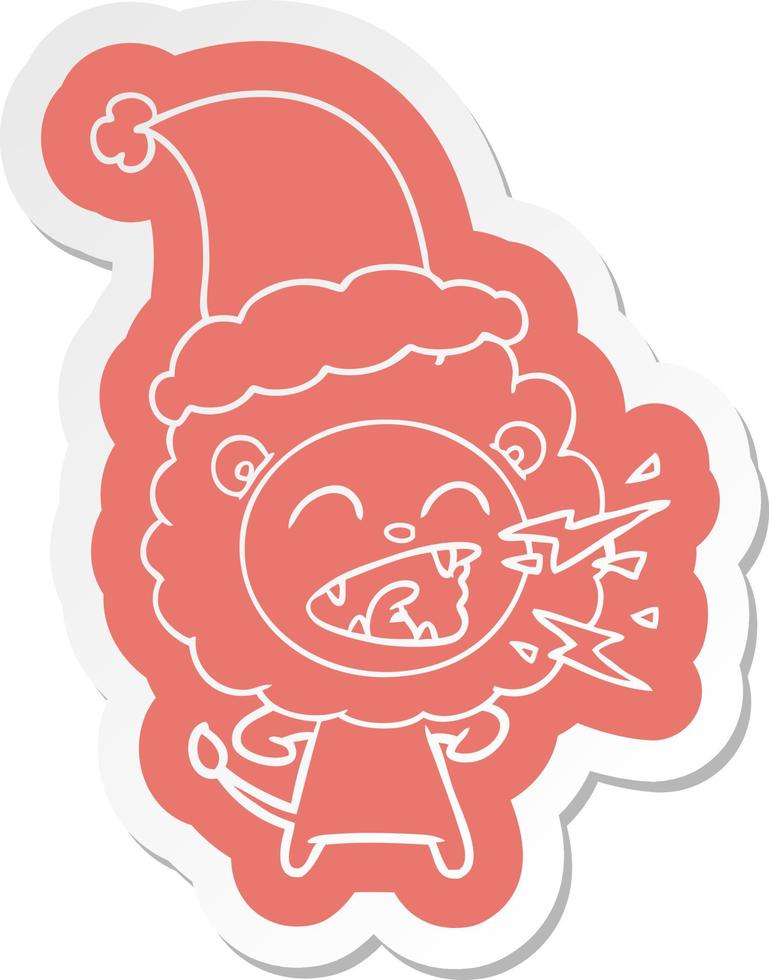 cartoon  sticker of a roaring lion wearing santa hat vector