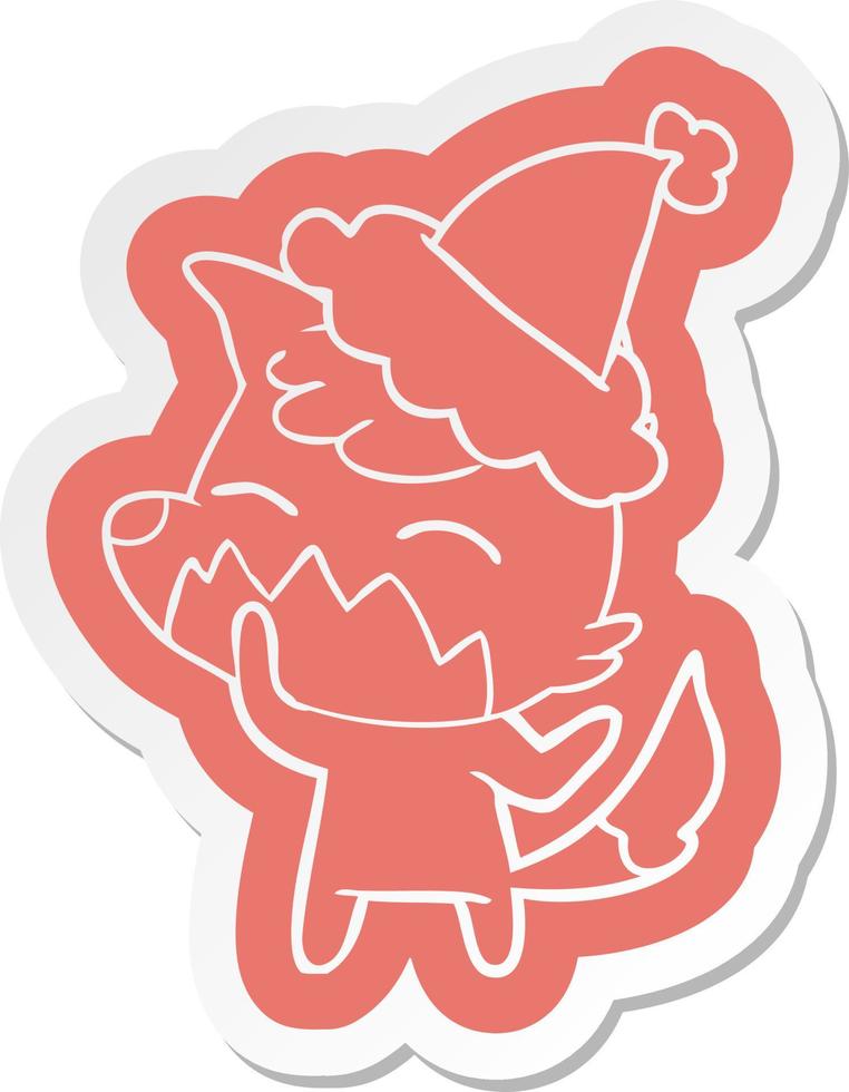 cartoon  sticker of a fox wearing santa hat vector