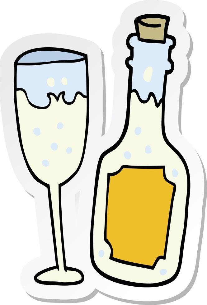 sticker of a cartoon champagne bottle and glass vector