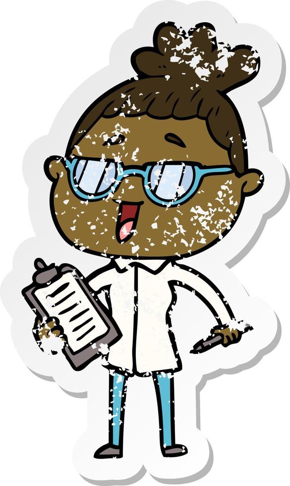 distressed sticker of a cartoon happy woman wearing spectacles vector