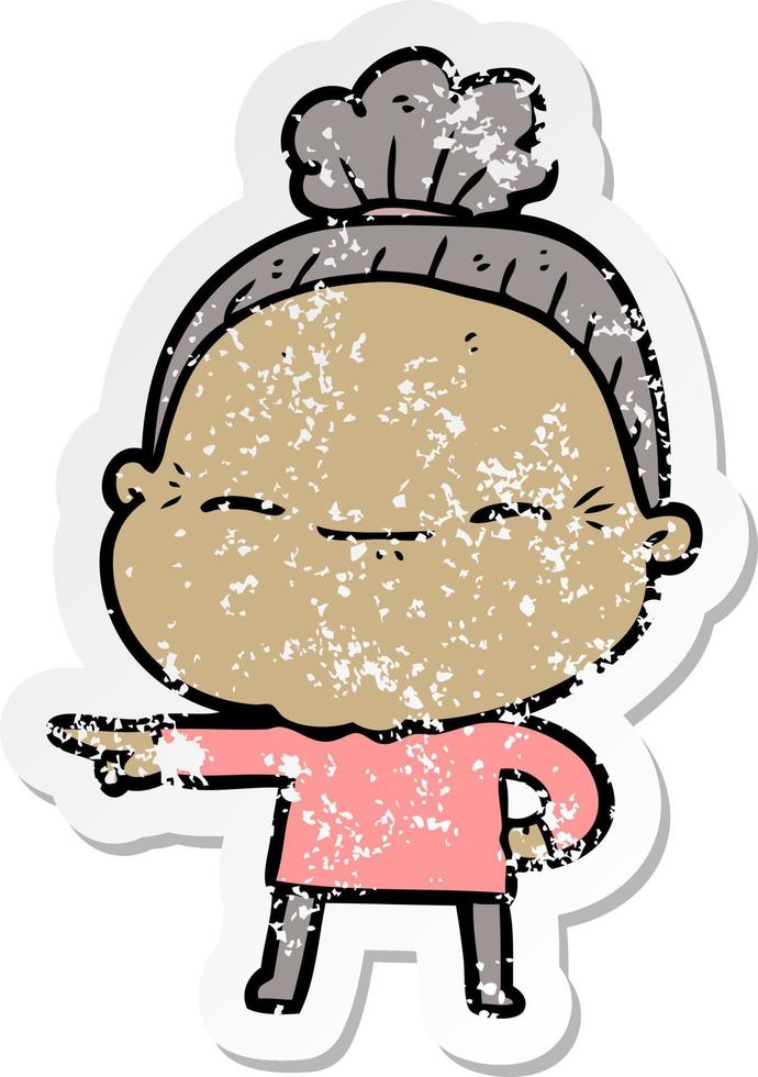 distressed sticker of a cartoon peaceful old woman vector