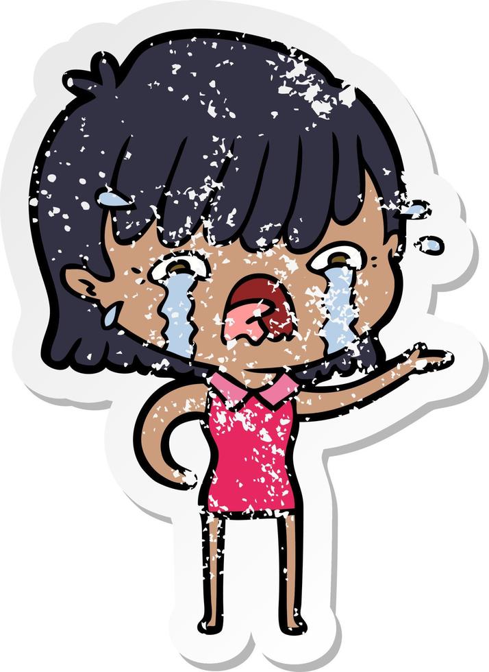 distressed sticker of a cartoon girl crying vector