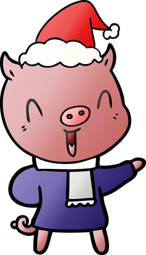 happy gradient cartoon of a pig in winter clothes wearing santa hat vector