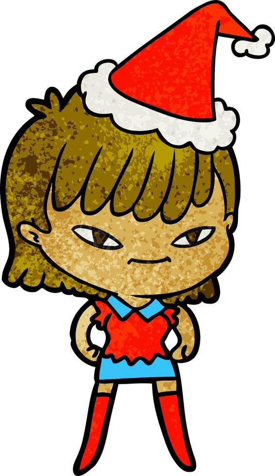 textured cartoon of a woman wearing santa hat vector