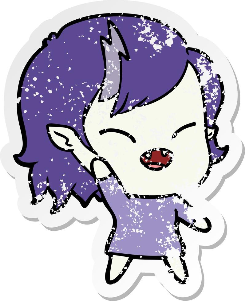 distressed sticker of a cartoon laughing vampire girl waving vector