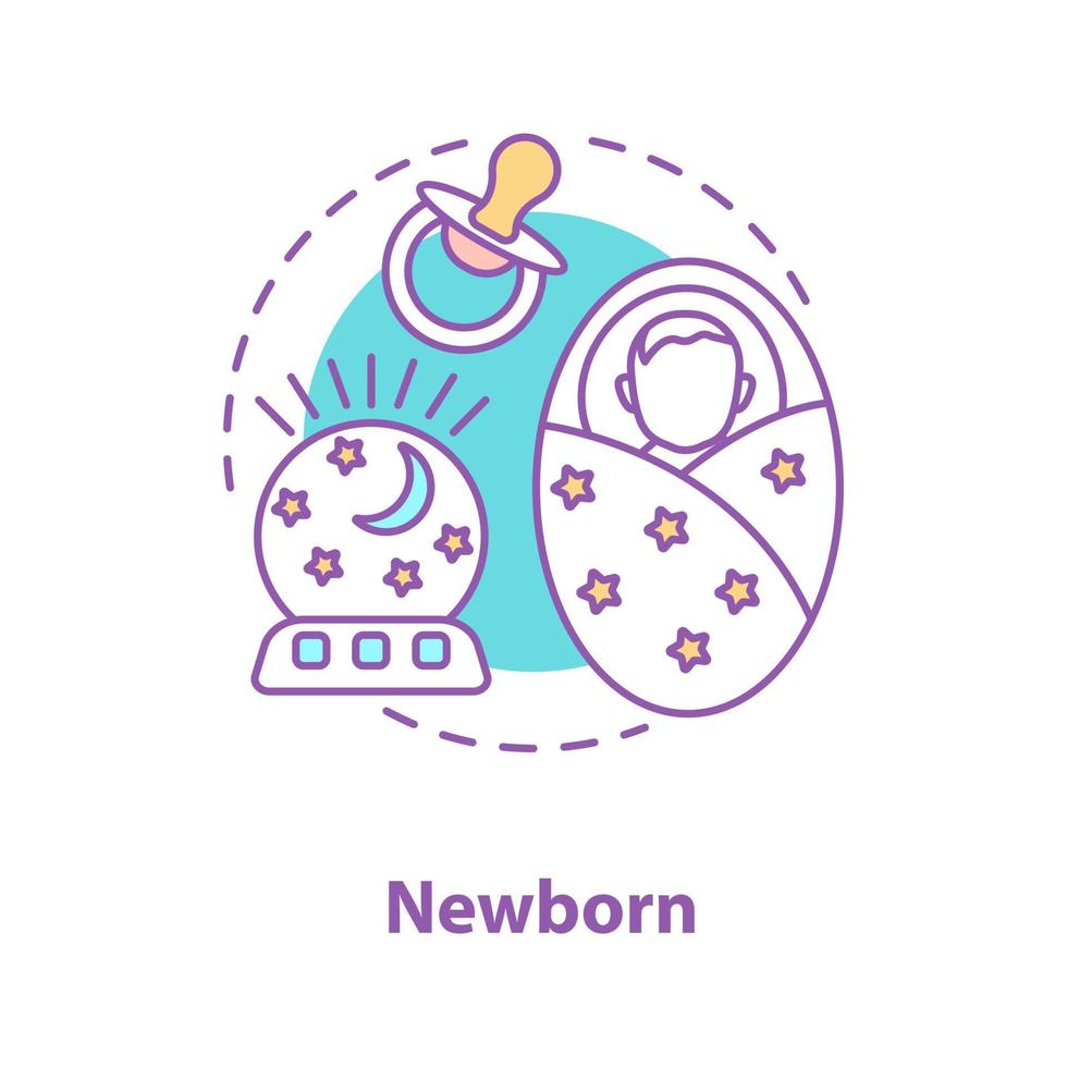 Newborn baby concept icon. Sleeping swaddled child idea thin line illustration. Pacifier and night light. Vector isolated outline drawing