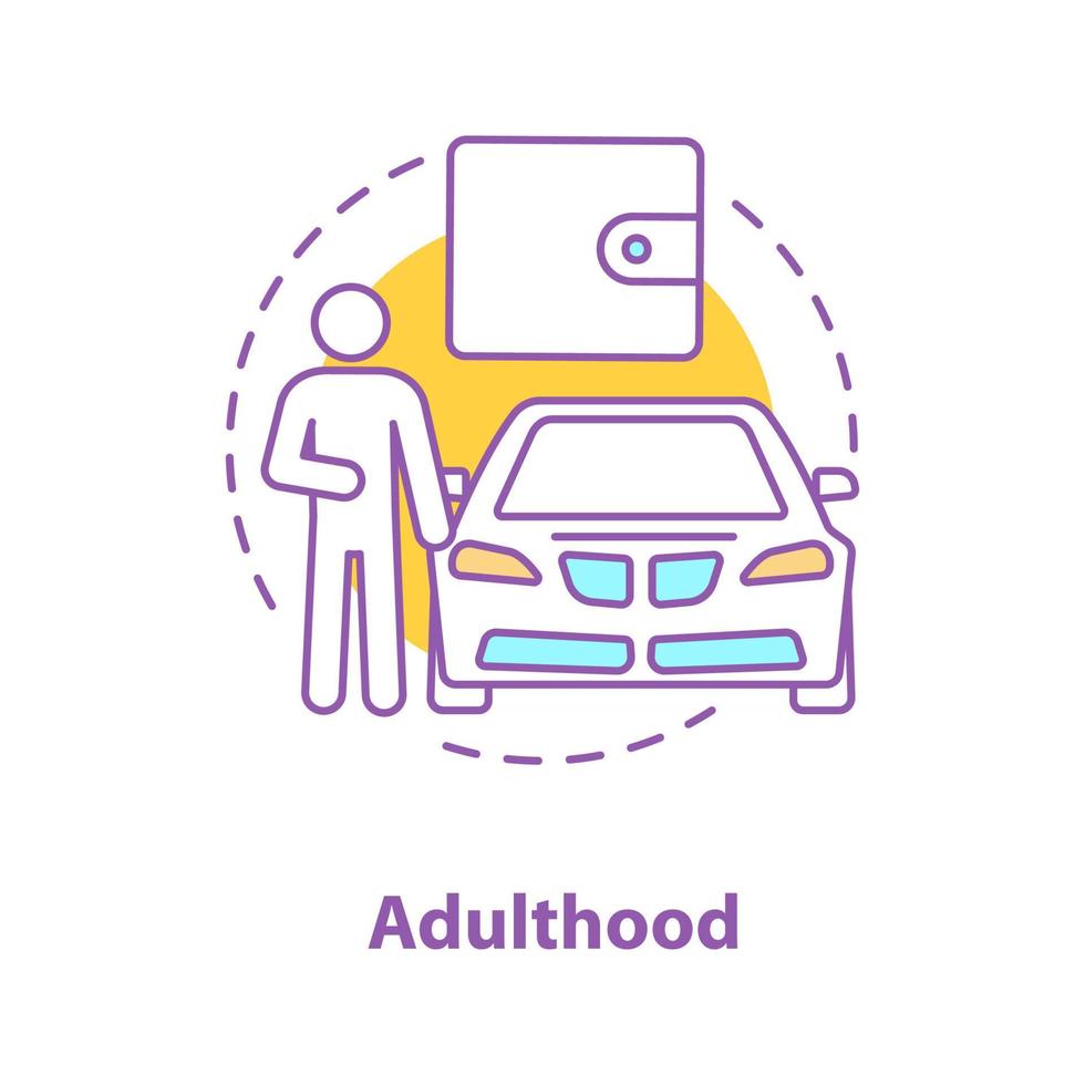 Adulthood concept icon. Wealthy man idea thin line illustration. Wealth. Successful person with car. Vector isolated outline drawing