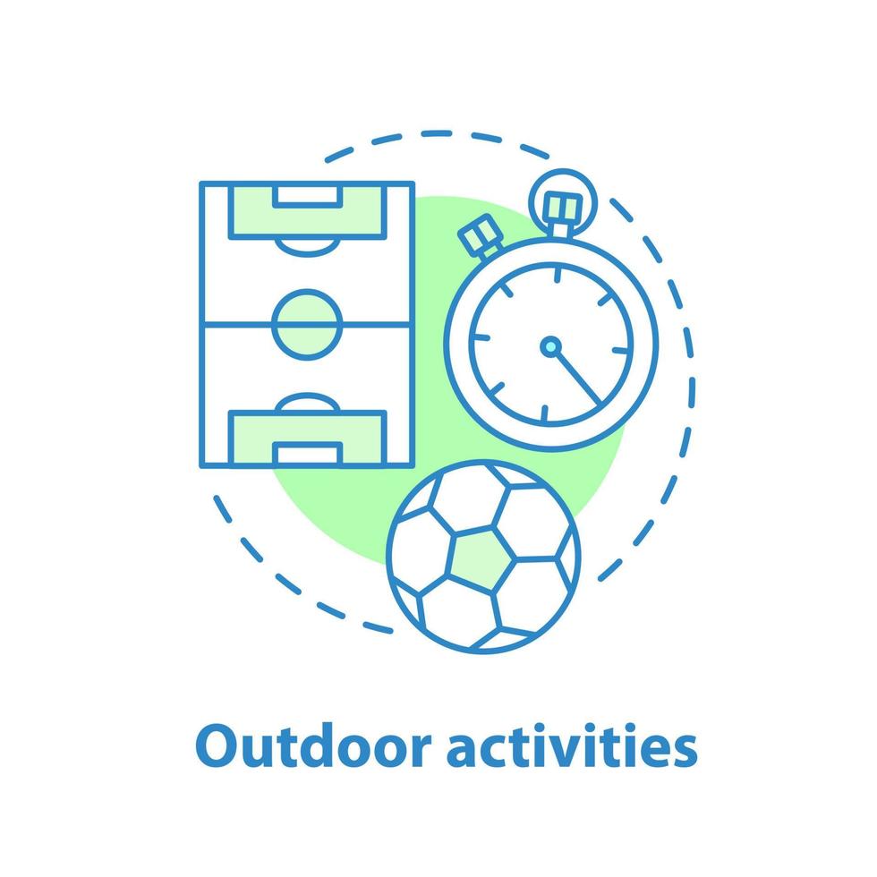 Football concept icon. Team sport. Outdoor activities idea thin line illustration. Football ball, field, stopwatch. Vector isolated outline drawing