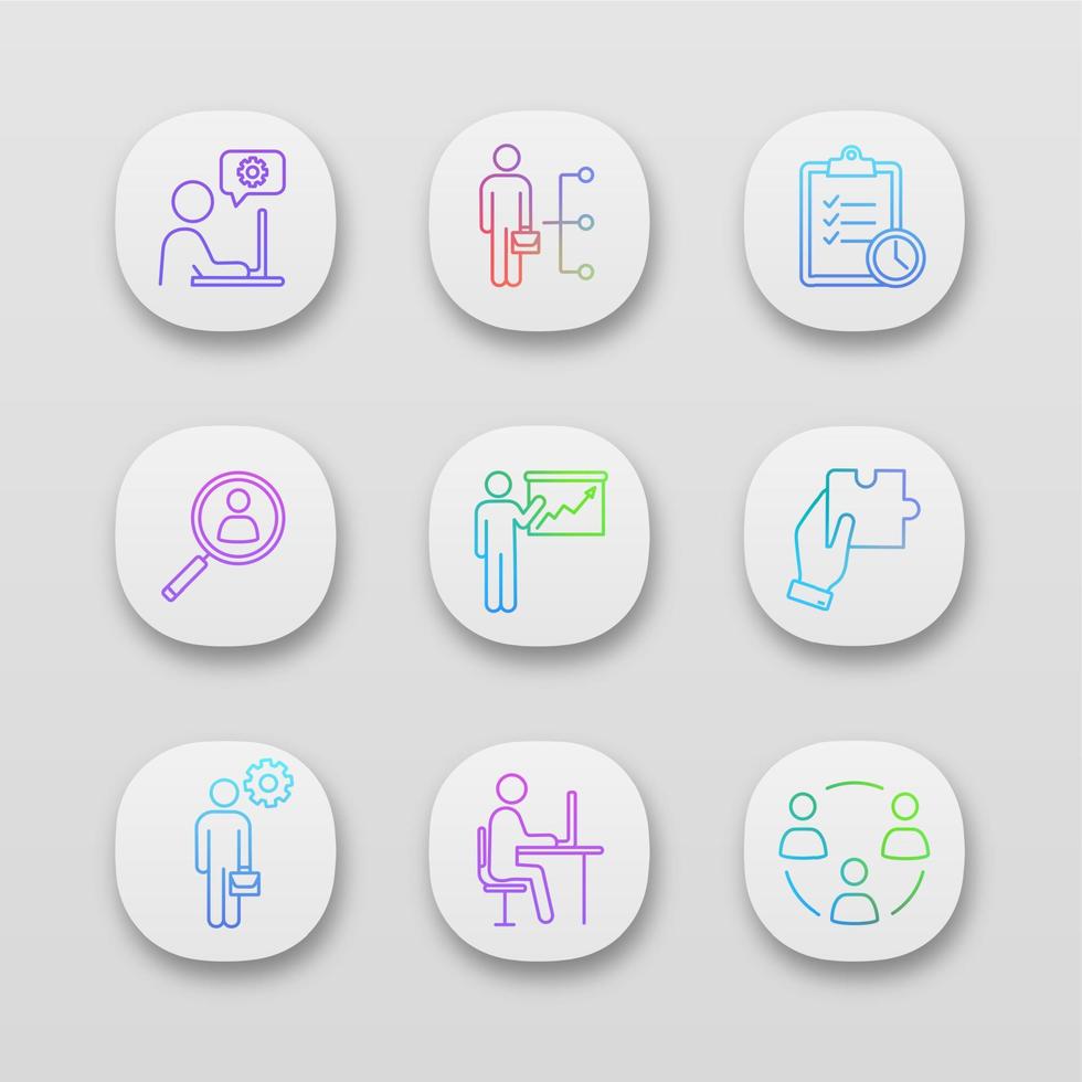 Business management app icons set. UI UX user interface. Technical chat, employee skill, task planning, staff searching, presentation, solution, manager, office, teamwork. Vector isolated illustration