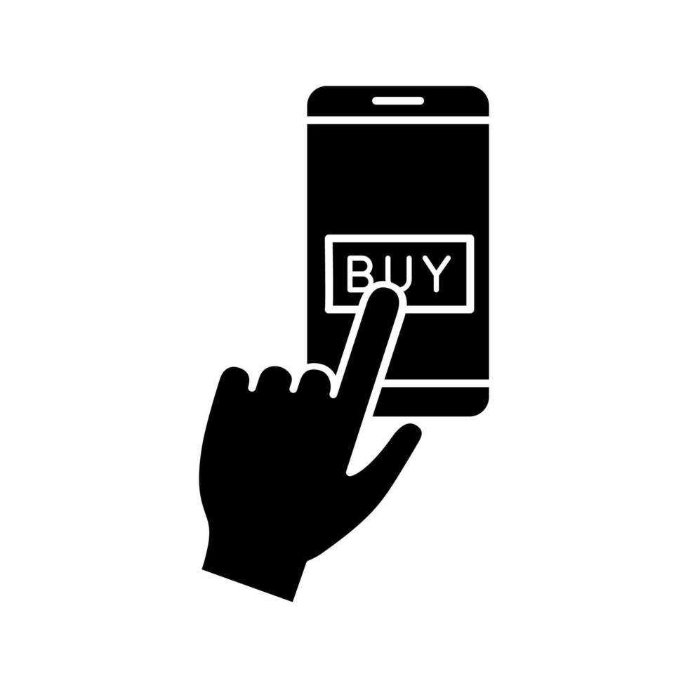 Online payment per click glyph icon. E-payment. Digital purchase. Cashless payments smartphone app. Hand pressing pay button. Silhouette symbol. Negative space. Vector isolated illustration