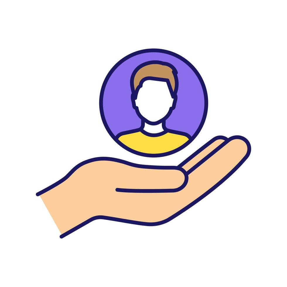 Customer loyalty and retention color icon. Clients care service. Customer support. Increasing participation, involvement, membership. Service request. Hand holding person. Isolated vector illustration