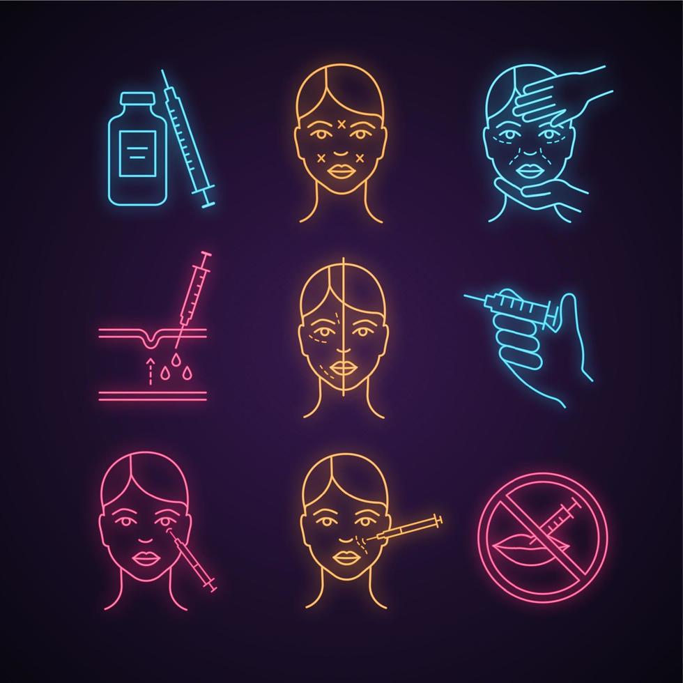 Neurotoxin injection neon light icon. Vial and syringe, facial markup, cosmetologist exam, nasolabial folds, crows feet subcutaneous injection, prohibition. Glowing sign. Vector isolated illustration