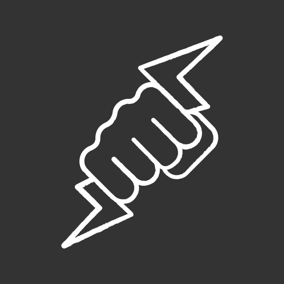 Hand holding lightning bolt chalk icon. Power fist. Electric energy. Zeus hand. Isolated vector chalkboard illustrations