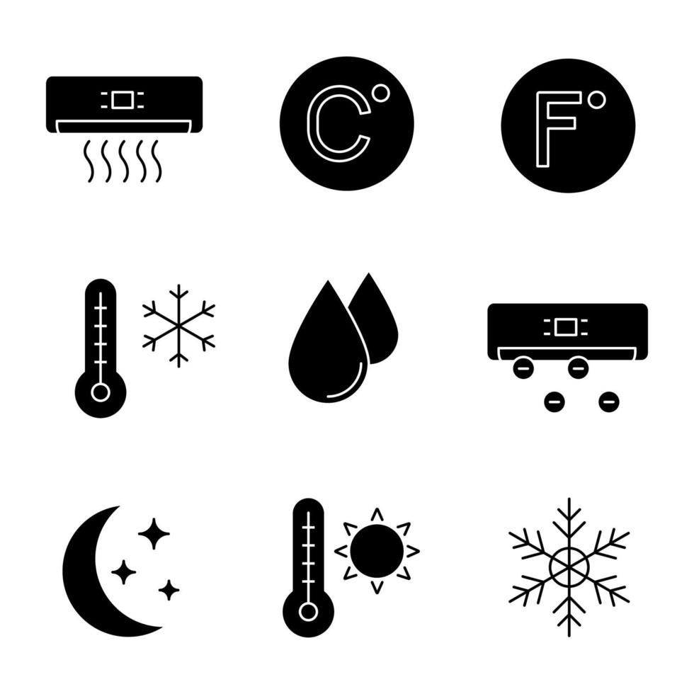 conjunto de iconos de glifo de aire acondicionado. acondicionador, celsius, fahrenheit, temperatura de invierno y verano, gota de agua, ionizador, modo nocturno, copo de nieve. símbolos de silueta. ilustración vectorial aislada vector