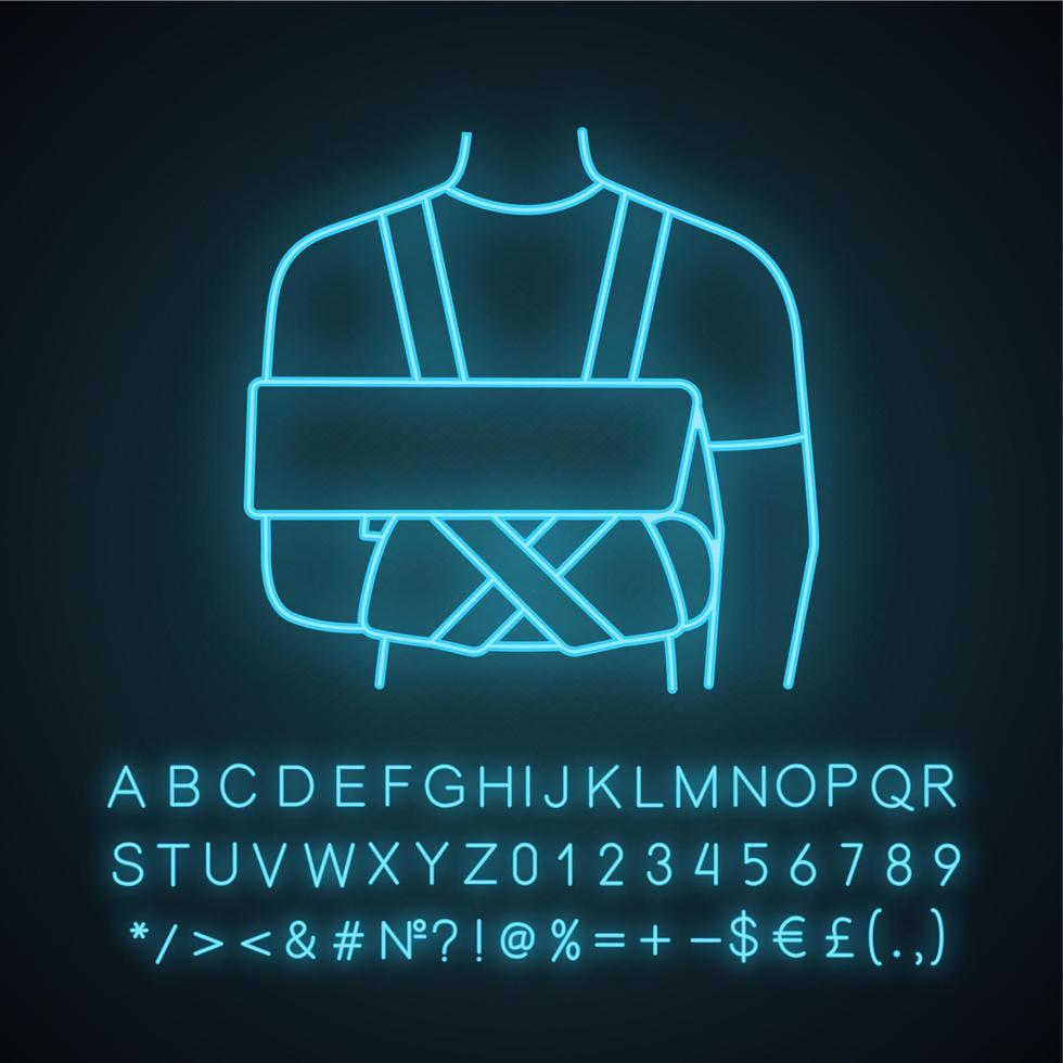 Shoulder immobilizer neon light icon. Sling and swathe. Broken arm, shoulder injury treatment. Arm fix brace. Glowing sign with alphabet, numbers and symbols. Vector isolated illustration