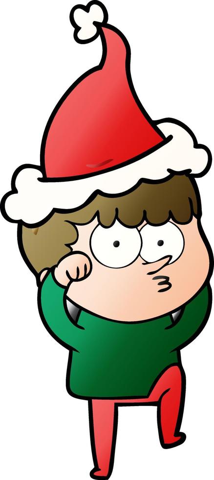 caricatura degradada de un niño curioso frotándose los ojos con incredulidad usando sombrero de santa vector