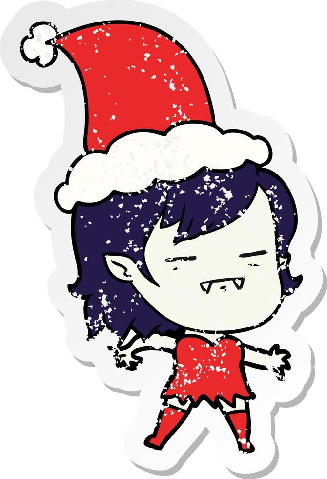 distressed sticker cartoon of a undead vampire girl wearing santa hat vector