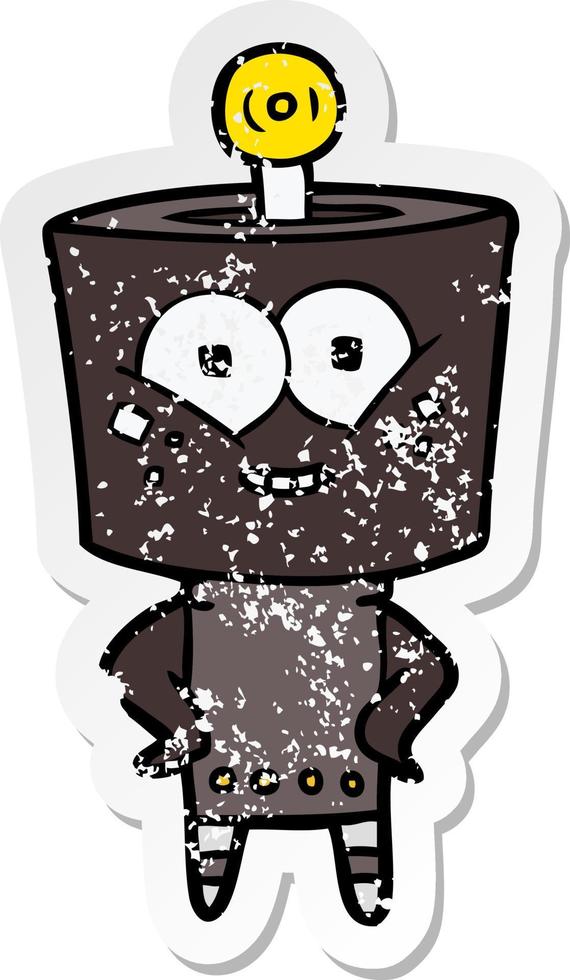 distressed sticker of a happy cartoon robot vector