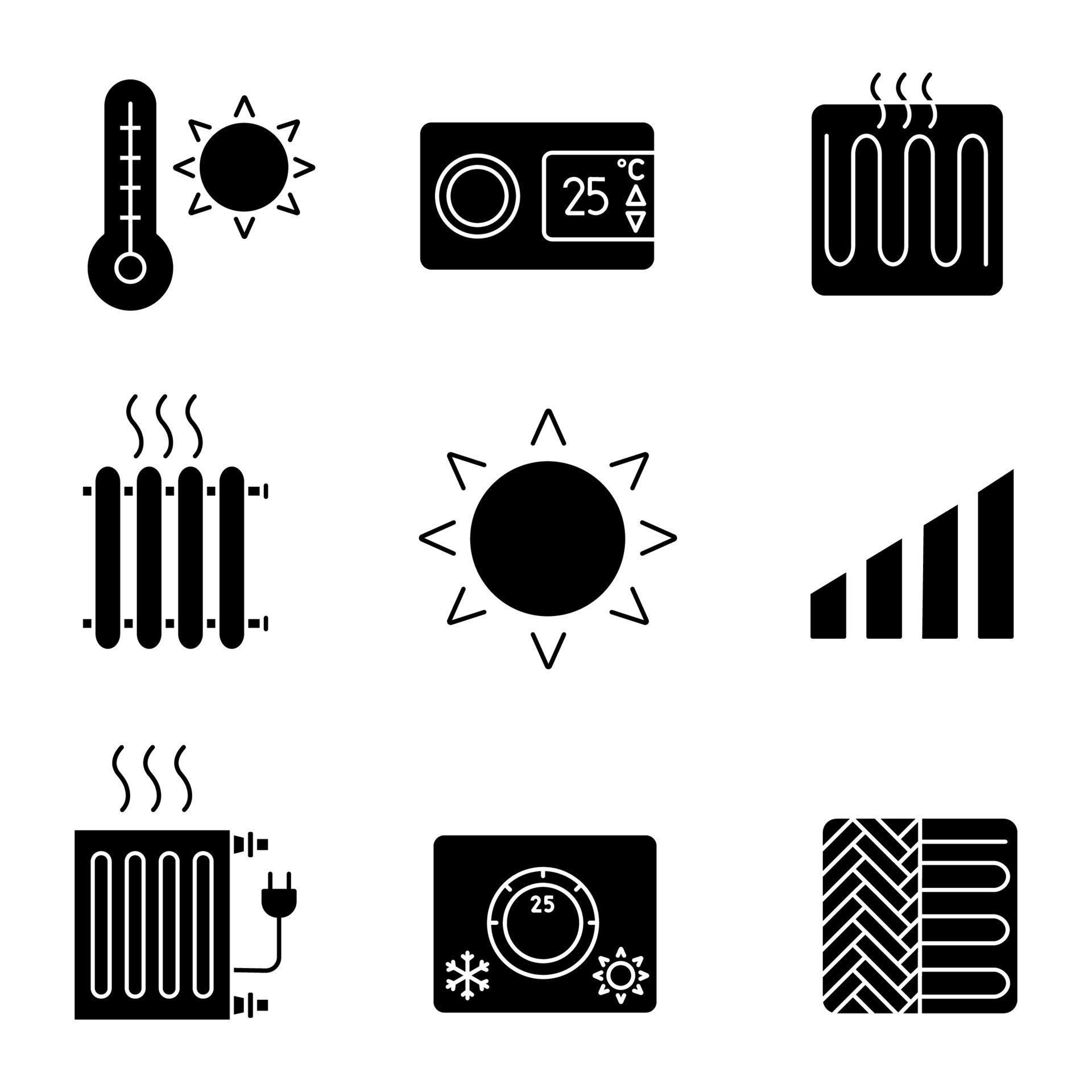 Air conditioning glyph icons set. Summer temperature, thermostat