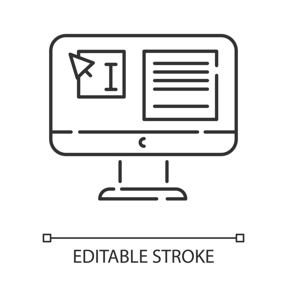 Website localization, DTP services linear icon. Text editing. Document page layout. Website localization. Thin line illustration. Contour symbol. Vector isolated outline drawing. Editable stroke