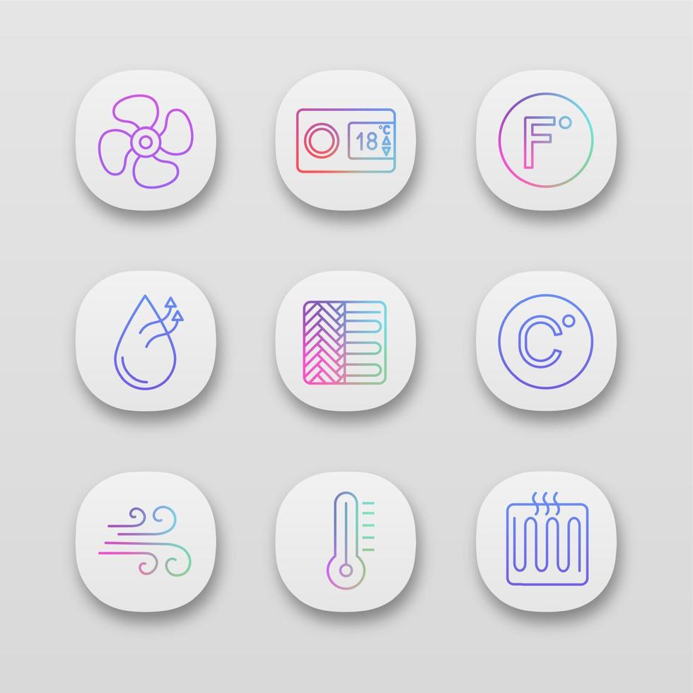 Air conditioning app icons set. Exhaust fan, thermostat, fahrenheit, celsius degrees, humidification, floor heating, airflow, thermometer, heater. UI UX user interface. Vector isolated illustrations