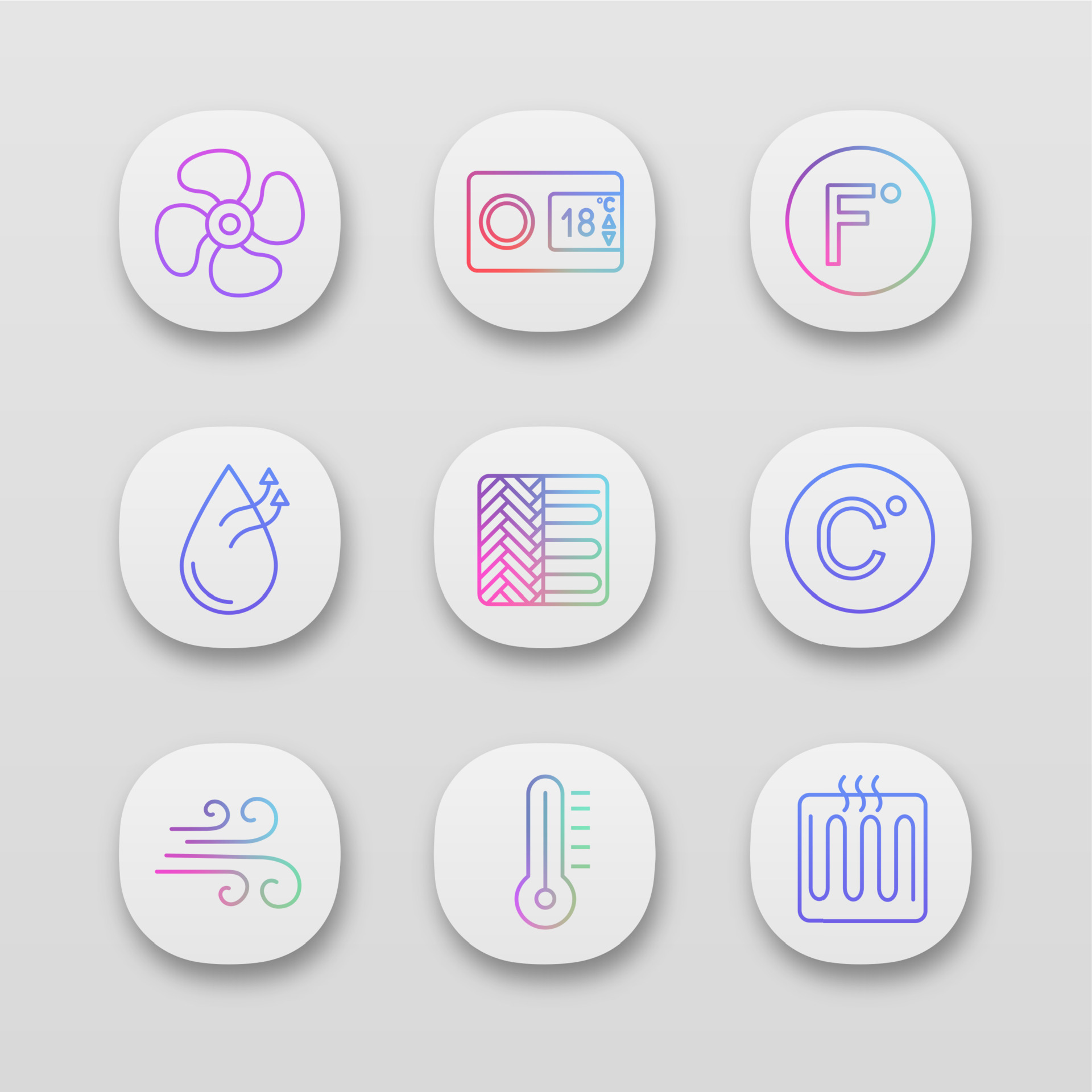 Air conditioning app icons set. Exhaust fan, thermostat, fahrenheit