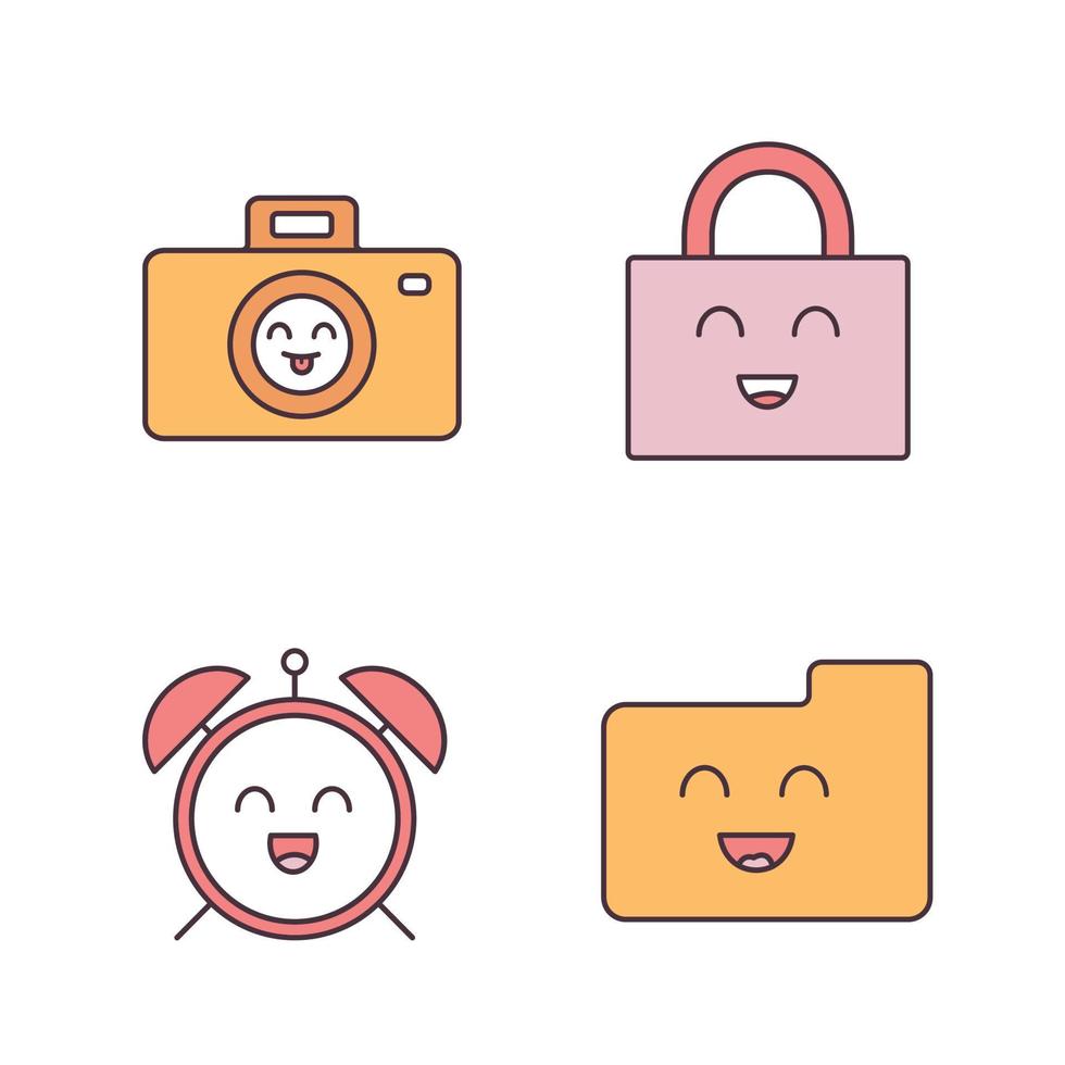 Smiling items color icons set. Characters. Happy camera, padlock, alarm clock, folder. Isolated vector illustrations