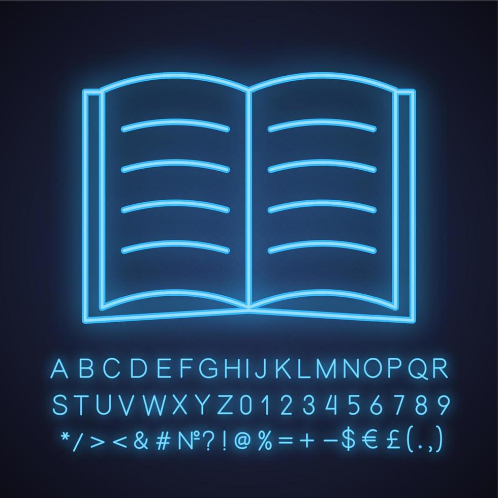 Open book neon light icon. Open textbook. Reading. Glowing sign with alphabet, numbers and symbols. Vector isolated illustration