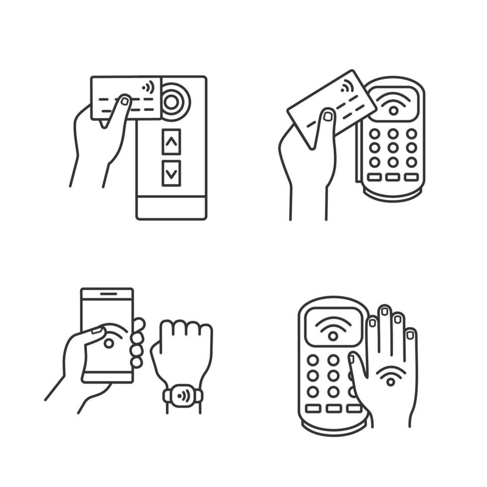 NFC technology linear icons set. Near field credit card reader, payment terminal, bracelet and smartphone, hand sticker. Thin line symbols. Isolated vector outline illustrations. Editable stroke