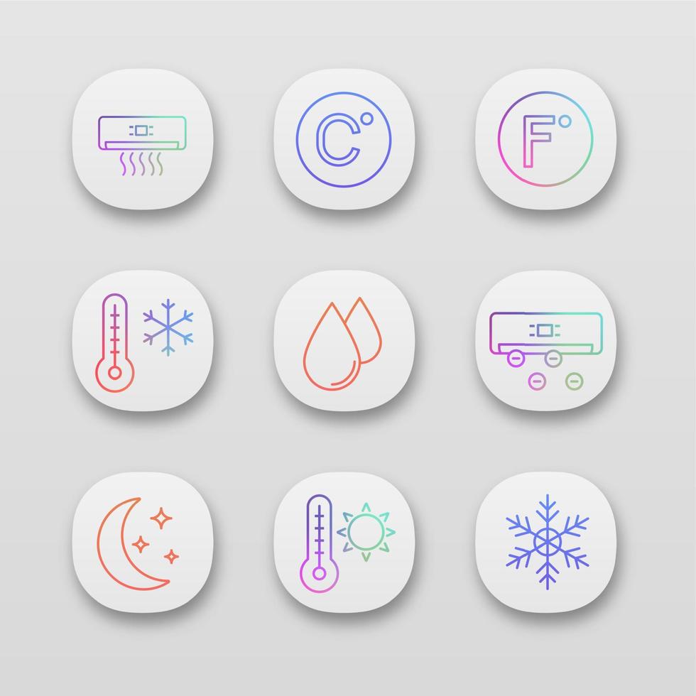 Air conditioning app icons set. UI UX user interface. Conditioner, Celsius, Fahrenheit, winter and summer temperature, water drop, ionizer, night mode, snowflake. Vector isolated illustrations