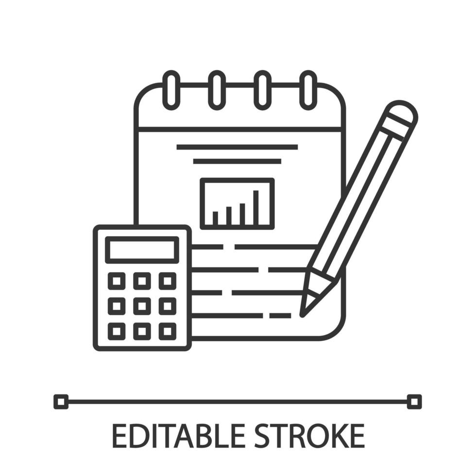 Financial planning linear icon. Budgeting. Thin line illustration. Funding and financing. Financial accounting and bookkeeping. Calculator, notepad and pencil. Vector isolated drawing. Editable stroke