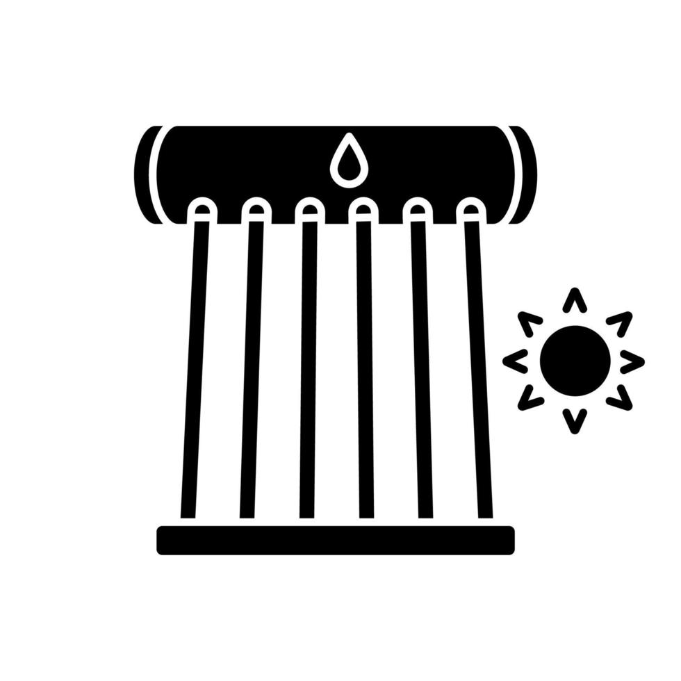 icono de glifo de calentador de agua solar industrial. tubos colectores solares y tanque de agua. sistema de calentamiento de agua ecológico. símbolo de la silueta. espacio negativo. ilustración vectorial aislada vector