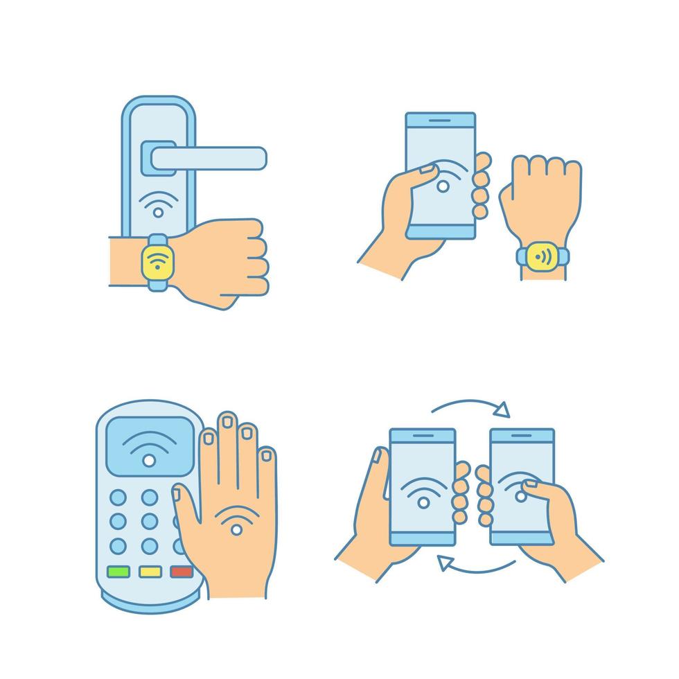 NFC technology color icons set. Near field door lock, bracelet, payment terminal, data transfer. Isolated vector illustrations