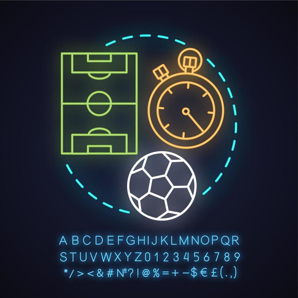 Soccer neon light concept icon. Football idea. Team sport. Soccer ball, field, stopwatch. Glowing sign with alphabet, numbers and symbols. Vector isolated illustration