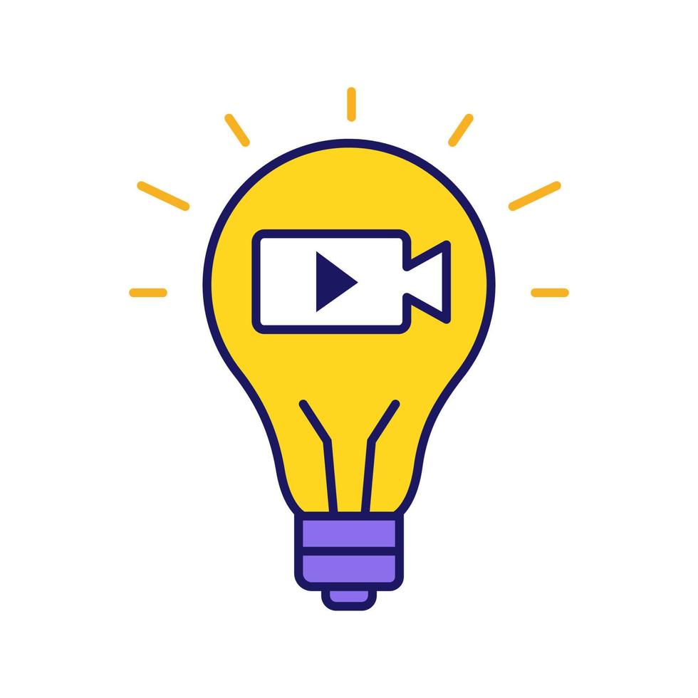 Movie idea color icon. Cinematography. Film industry. Creative idea. Light bulb with movie camera inside. Isolated vector illustration