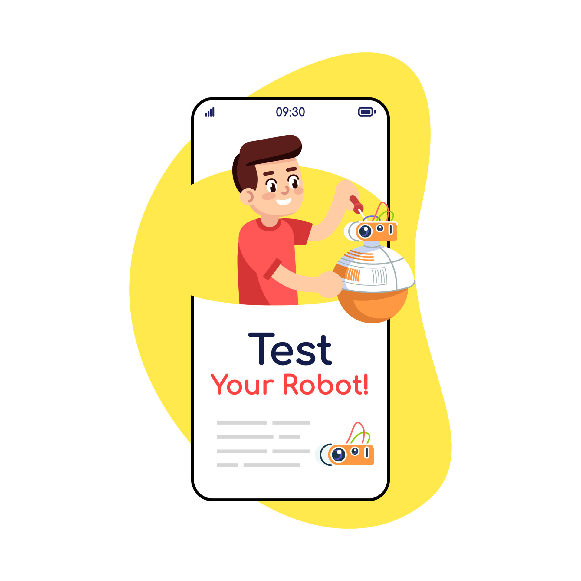 Test your robot social media posts smartphone app screen. Mobile phone  displays with cartoon characters design mockup. Electronic construction  assembly instruction application telephone interface 10432780 Vector Art at  Vecteezy