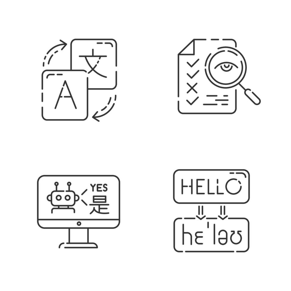 Machine translation services linear icons set. Online translation. Multilingual chatbot. Transcription, proofreading. Thin line contour symbols. Isolated vector outline illustrations. Editable stroke