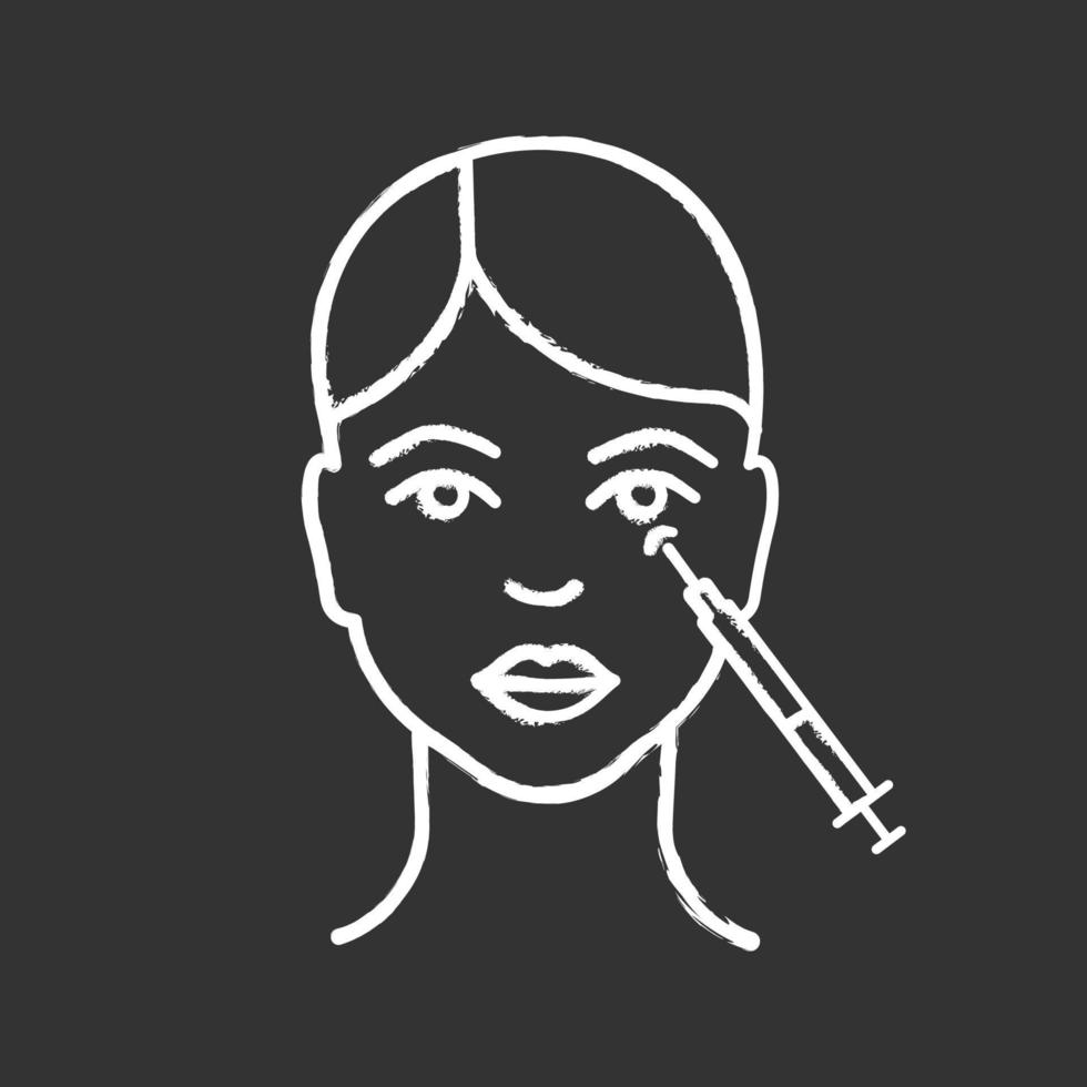 Crows feet neurotoxin injection chalk icon. Eye area anti wrinkle injection. Wrinkles reducing. Cosmetic procedure. Facial rejuvenation. Isolated vector chalkboard illustration