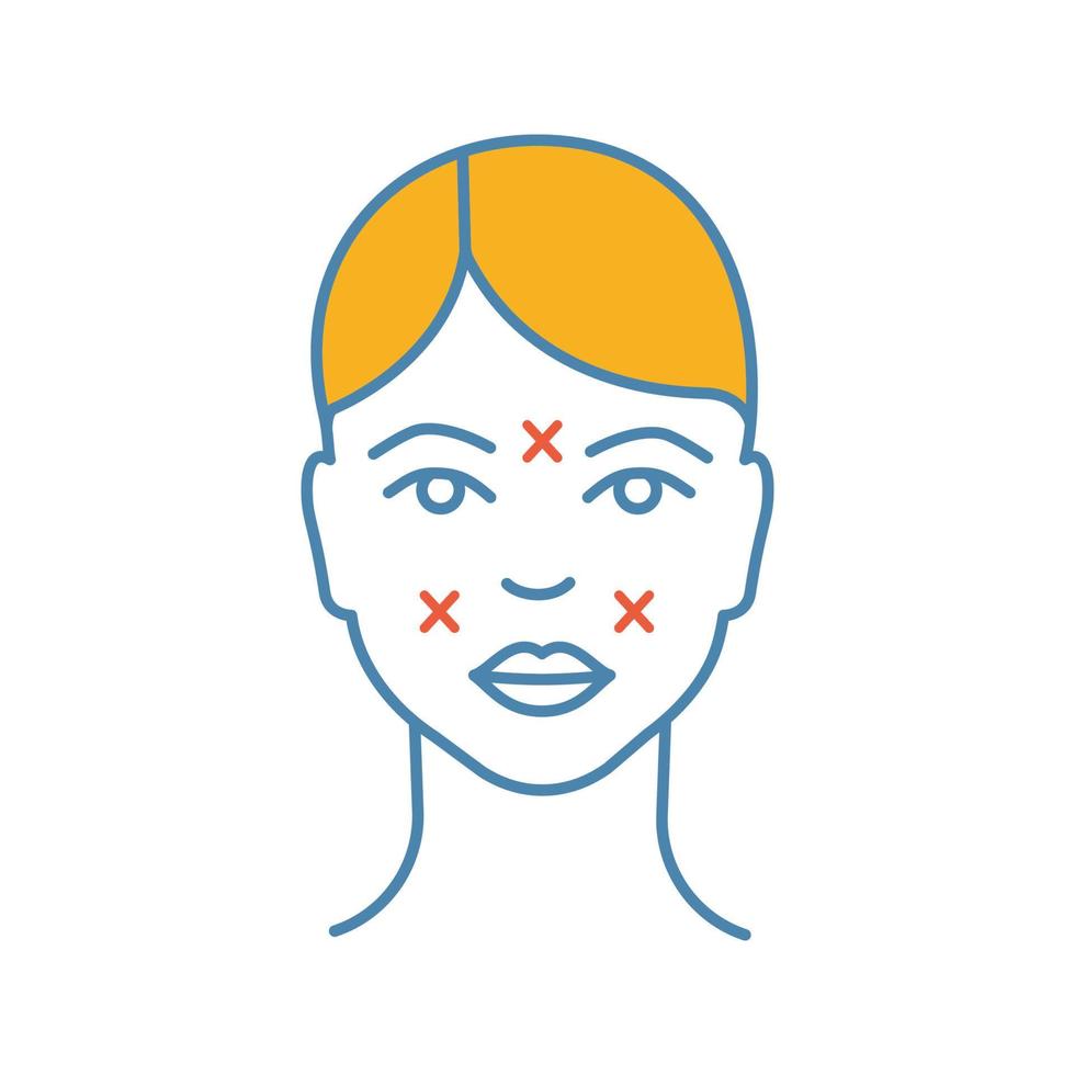 Neurotoxin injection sites color icon. Facial markup for cosmetic procedure. Neuro toxin injection preparation. Facial rejuvenation. Isolated vector illustration