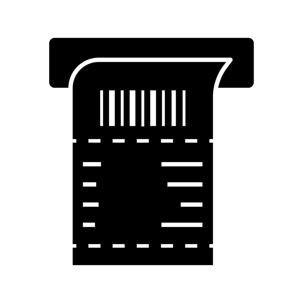 ATM receipt glyph icon. Silhouette symbol. Payment terminal paper check. Bill. Sales receipt. Negative space. Vector isolated illustration