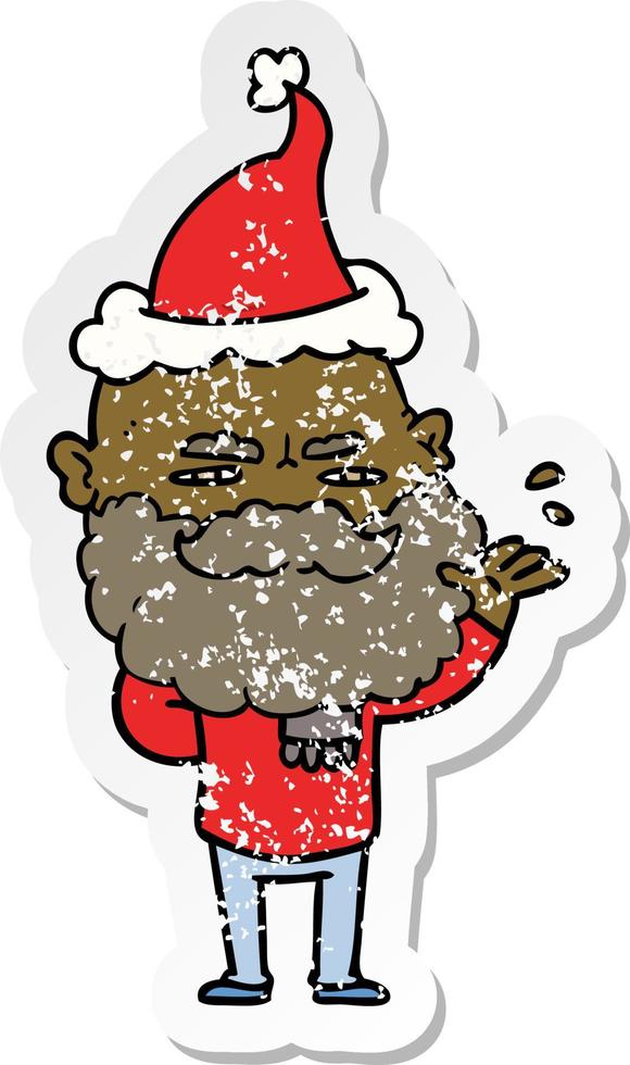 distressed sticker cartoon of a dismissive man with beard frowning wearing santa hat vector