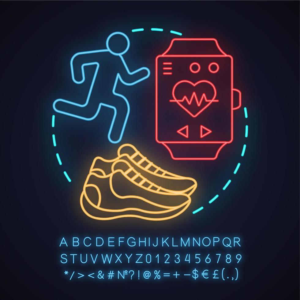Jogging neon light concept icon. Outdoor activities idea. Running. Sneaker, sprinter, sports bracelet. Glowing sign with alphabet, numbers and symbols. Vector isolated illustration