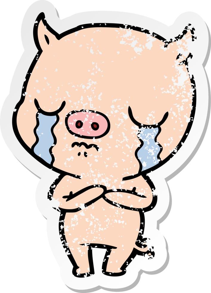 distressed sticker of a cartoon pig crying vector