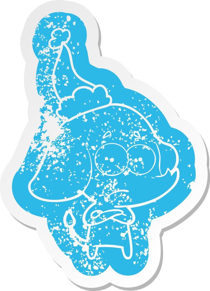 cartoon distressed sticker of a unsure elephant wearing santa hat vector