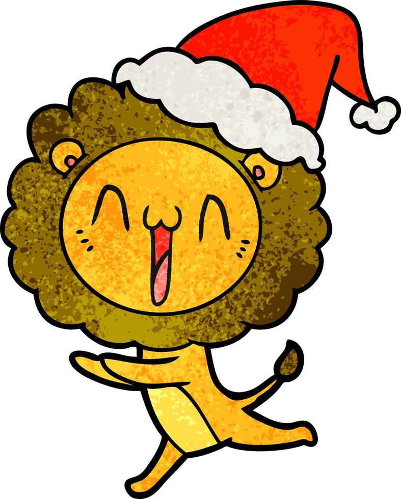 dibujos animados con textura feliz de un león con sombrero de santa vector