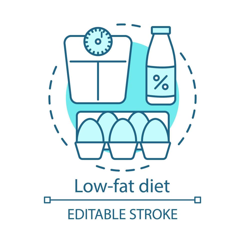 Low fat diet, vegan lifestyle concept icon. Vegetarian nutrition idea thin line illustration. Healthy food. Skimmed milk, raw eggs and weight scales vector isolated outline drawing. Editable stroke