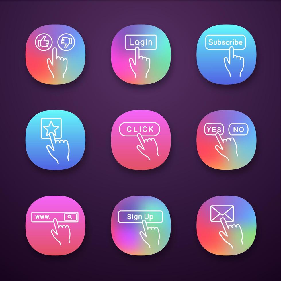 Click buttons icons set. Like and dislike, login, subscribe, add to favorite, yes or no, search bar, sign up, message. UI UX user interface. Web or mobile applications. Vector isolated illustrations