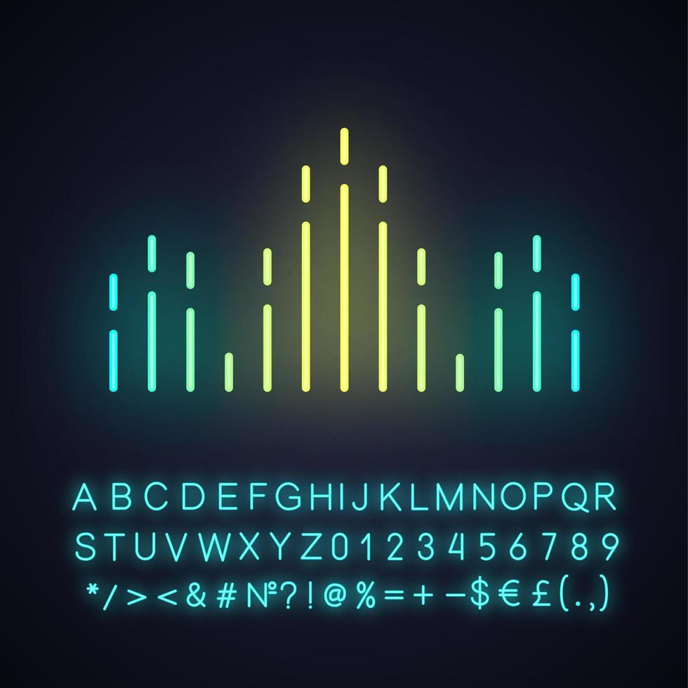 DJ soundwave neon light icon. Audio, sound wave. Music rhythm. Disco, party logotype modern design. Sound volume, equalizer. Glowing sign with alphabet, numbers, symbols. Vector isolated illustration